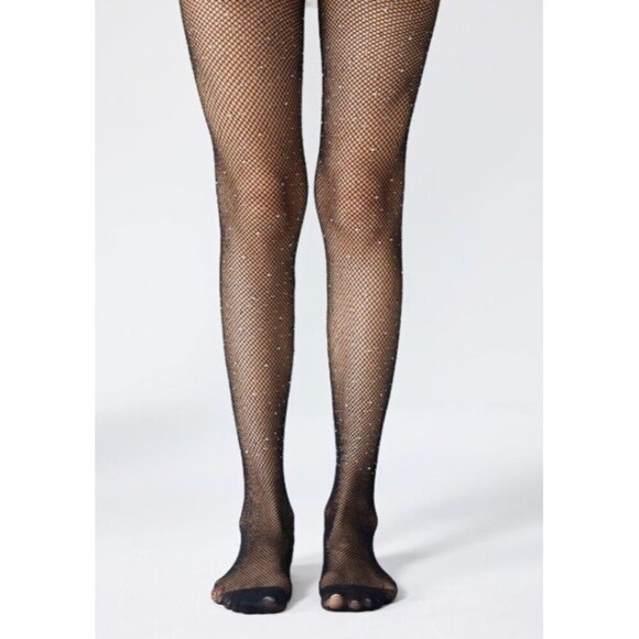 Rhinestone Black Fishnet Tights Romantic Goth Fairy Core - Picture 1 of 6